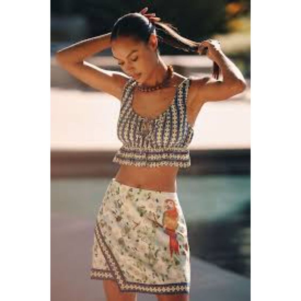 Anthropologie Celandine Linen Blend Ruffled Crop Top SZ LG NWT Blue